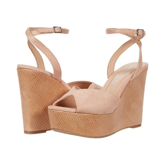 CHINESE Laundry "Ellia" Wedge Suede Blush Sandals Womens New - Picture 1 of 9